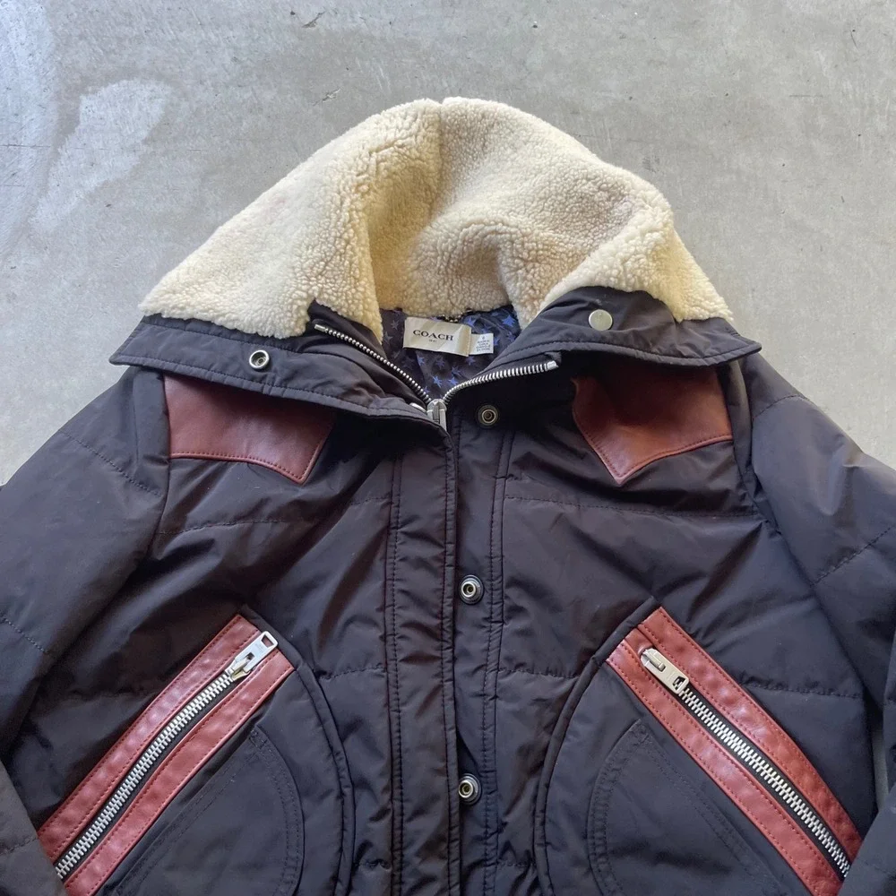 Coach 1941 Women Black Puffer Jacket Shearling Leather Yoke Star Lining 6 26720